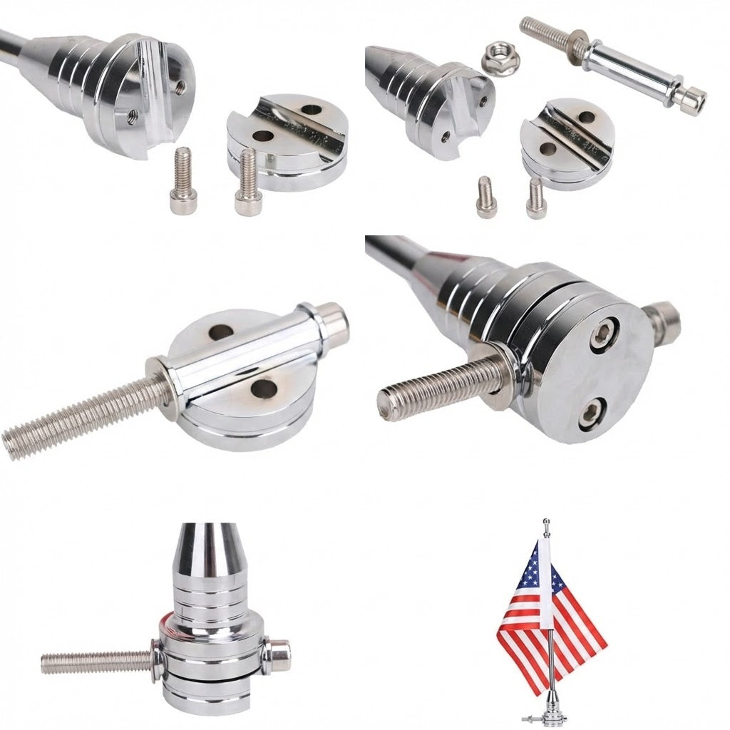 2 Pack Chrome Harley Davidson Motorcycle Flagpole Mount W/ American Flags