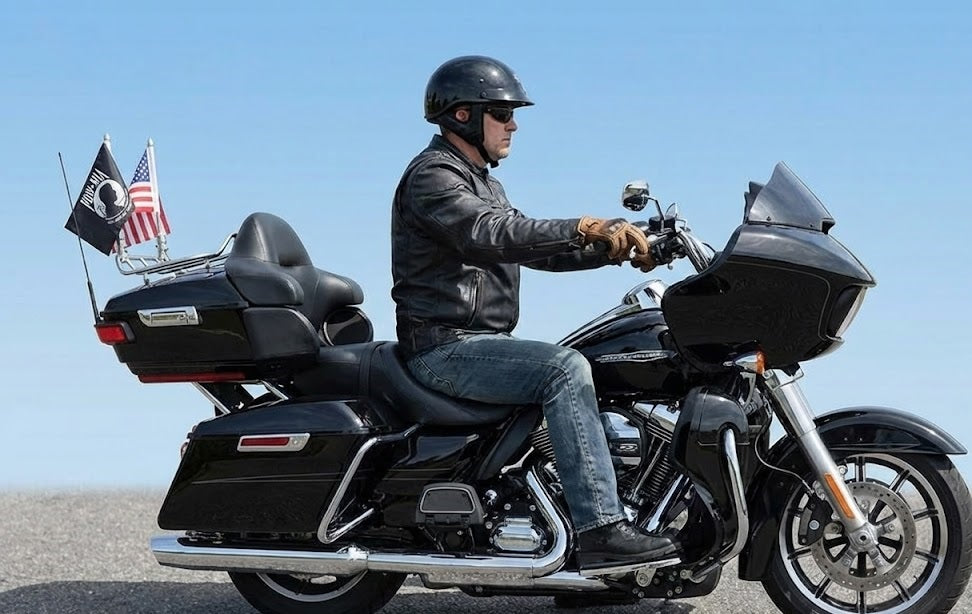 2Pack Foldable Chrome Harley Davidson Flags Pole Mounts -POW/MIA Flags Included