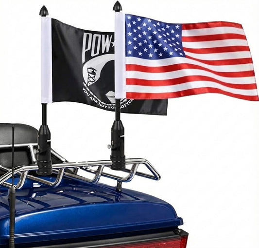 2Pack Foldable Harley Davidson Motorcycle Flag Mount Kit w/ USA & POW MIA Flags for Luggage Racks